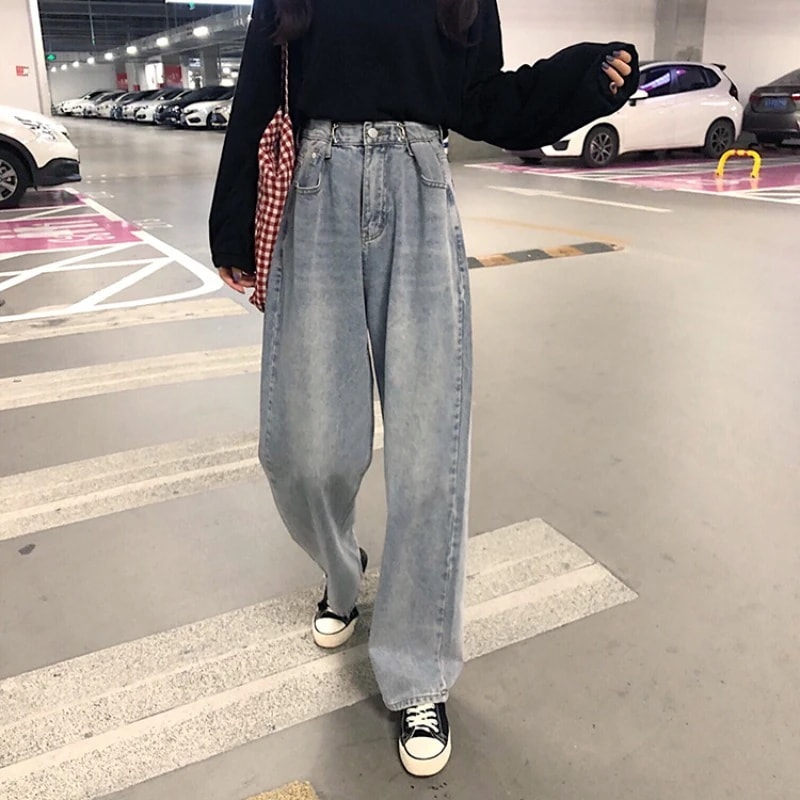 ハイウエスト ワイド デニムパンツ ボトムス パンツ Gパン ズボン ワイドパンツ ストレートパンツ ロング ロング丈 ストレート ファスナー ポケット デニム ブルーデニム シンプル カジュアル