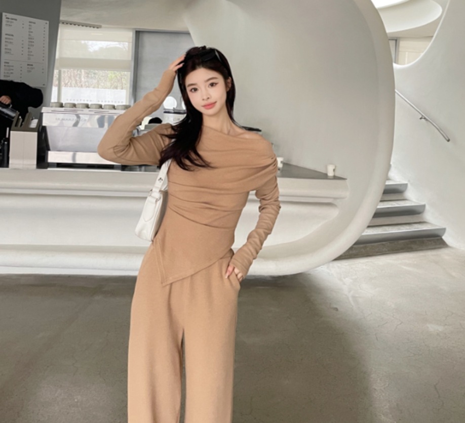 セットアップ Tシャツ ズボン ストレートパンツ ロング ロング丈 袖あり 長袖 萌袖 オフショルダー オフショル ワンショルダー ワンショル 襟なし ストレート ポケ