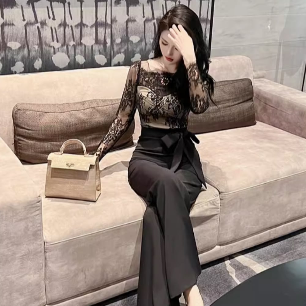 レディース ワンピース オールインワン つなぎ パンツワンピ ジャンプスーツ カバーオール コンビネゾン ロング マキシ 丈長 フルレングス レース フレア ポケット ハイウエスト コンサバ