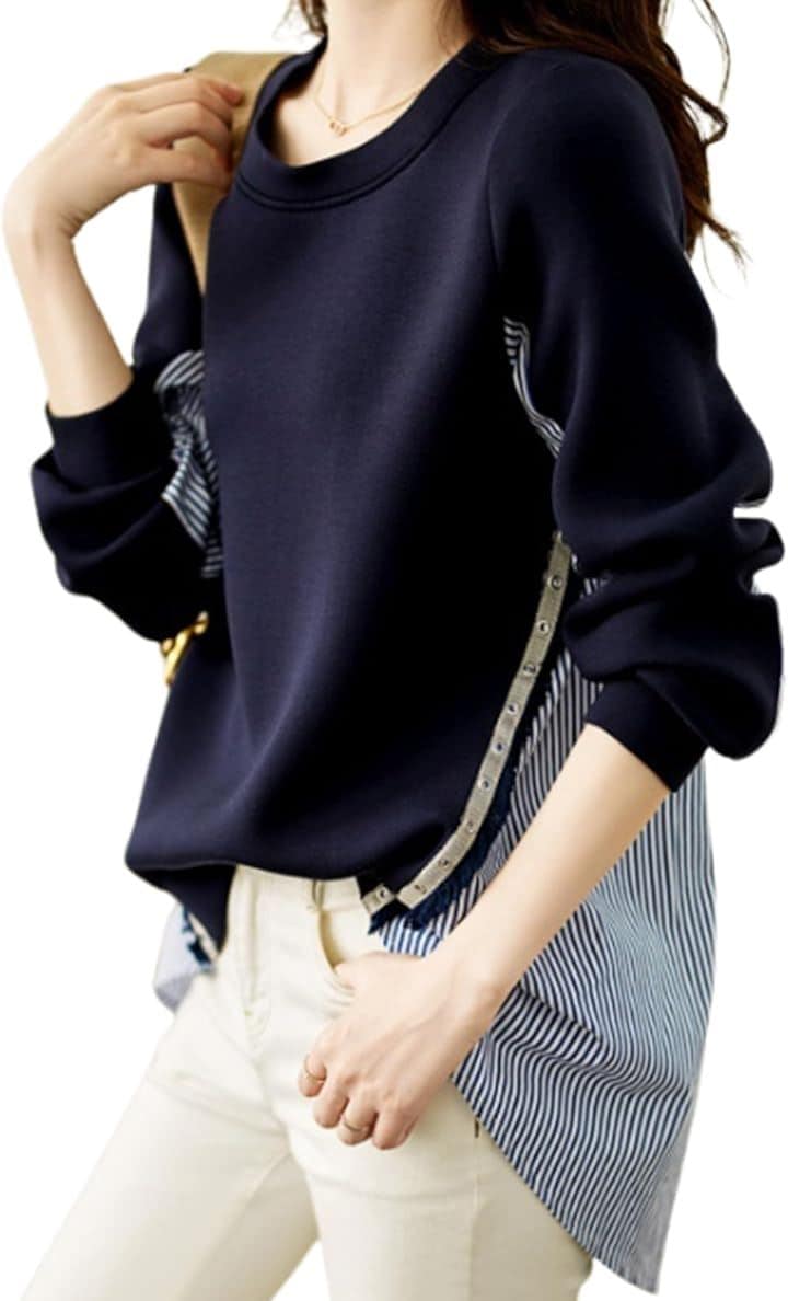 マリアマーファ 異素材 スイッチ スウェット プルオーバー ブラウス ストライプ 春 夏 マタニティシャツ ロンt お洒落 かわいい ゆるい 透けない ゆったり 女子(ネイビー, S)