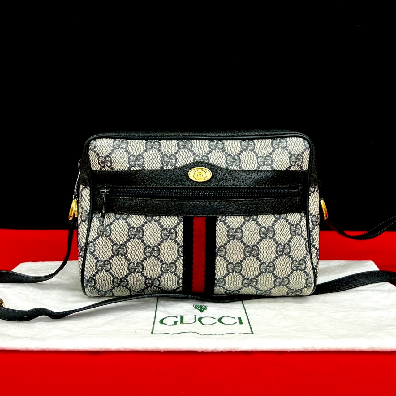 ヴィンテージ シェリーライン GG ロゴ 金具ショルダーバッグ レザー PVC ネイビー 11824