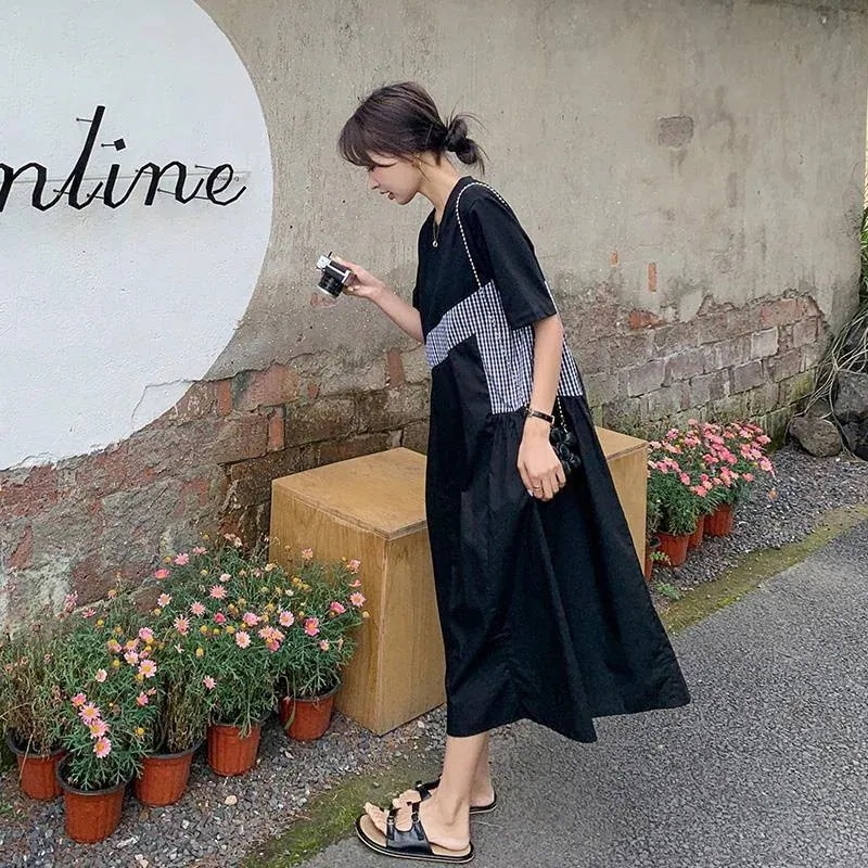 夏/新作/ラウンドネック/チェック柄/スプライシング/裾ワンピース/ロングストライプ//ワンピース/カップ 付きインナー