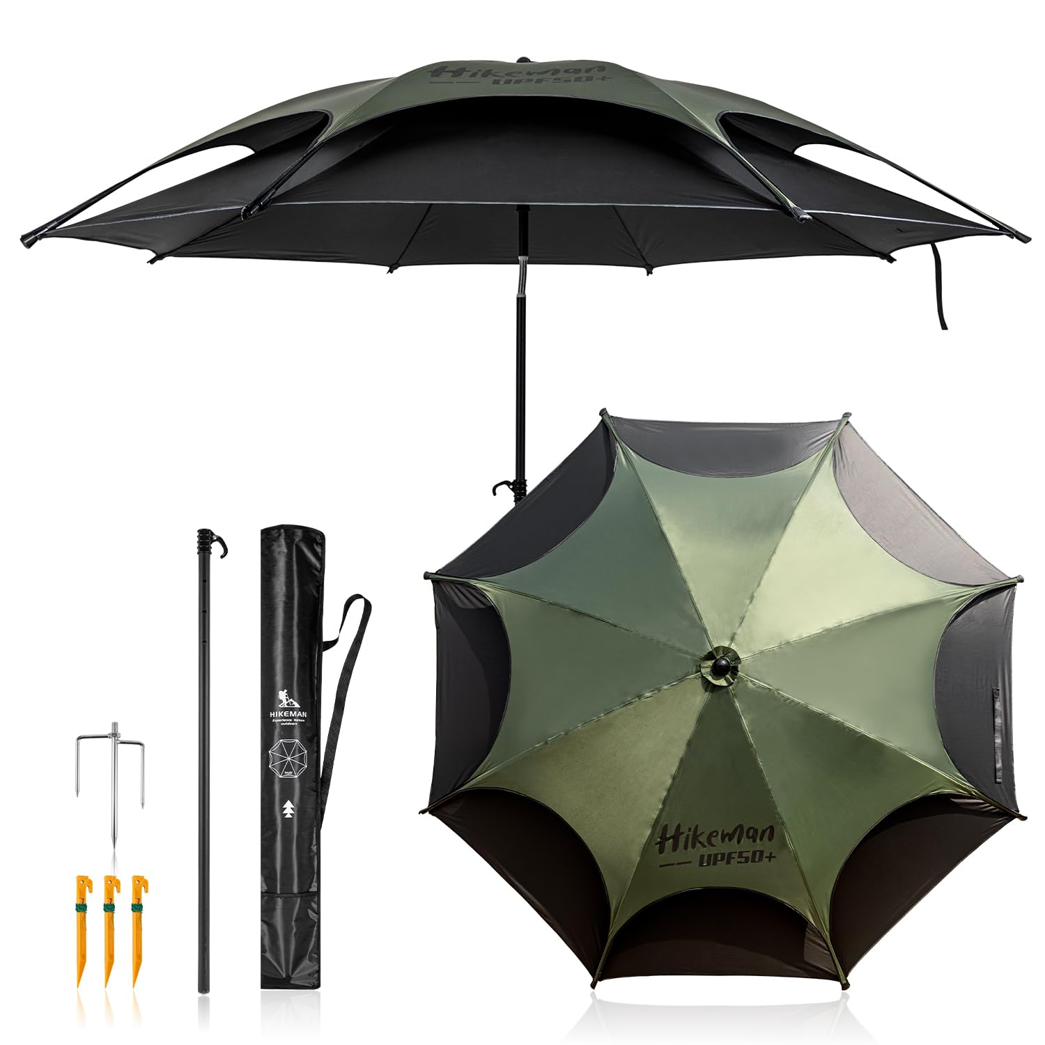 パラソル 釣り 風に強い 大型 釣り用パラソル ビーチパラソル 二層式 チルト機能付き UVカット 防水 軽量 持ち運び 収納袋付き 釣り傘 フィッシングパラソル アウトドア キャンプ(グリーン×ブラ