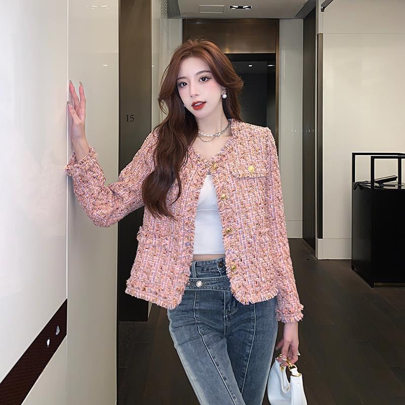 versatile2024新モデル韓国系優しい小柄短型 【初秋新入荷】ピンク小香風コート女性春秋秋綿厚め