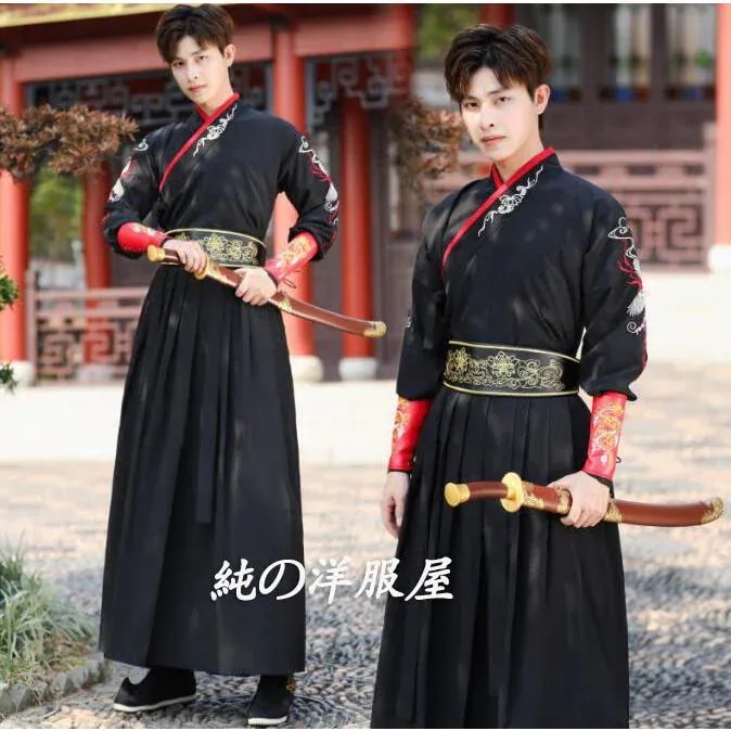 侠客 チャイナ服 上下セットアップ 龍刺繍 暗黒系 ステージとても安い 演劇 中華服 カンフー衣裳 舞台 黒 エスニック 漢服 時代劇 華流 武術 メンズ 古代 中華コスプレ衣装