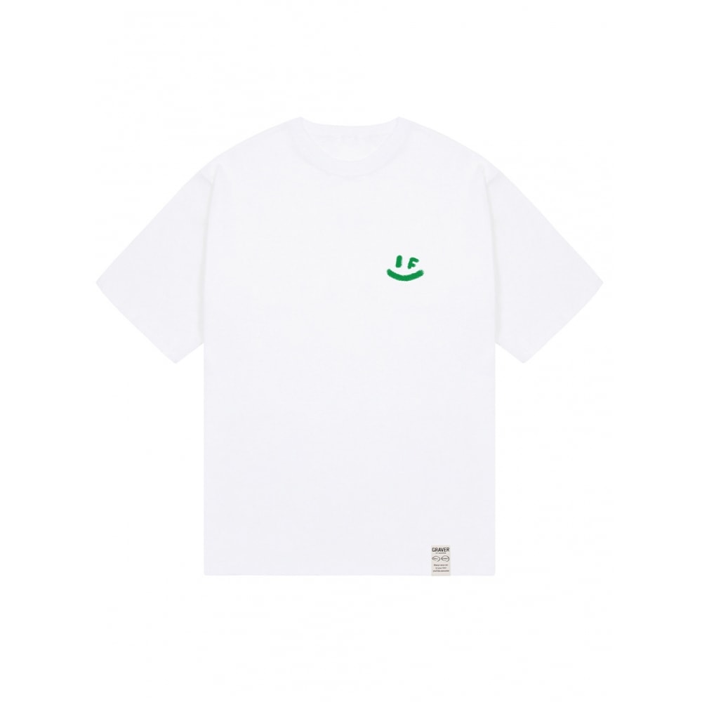 GRAVERスプレースモール描画スマイル半袖ホワイトグリーンロゴTシャツ