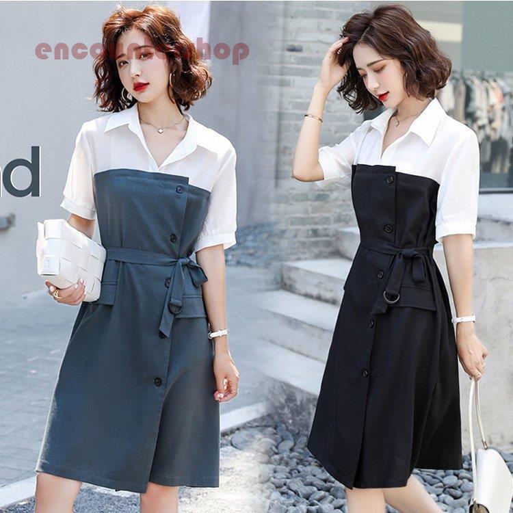 シャツワンピース レディース 40代 きれいめ膝丈ワンピース 春夏新作 半袖ワンピース 配色 シャツスカート オシャレ韓国風 ゆったり 大人 上品 30代大きいサイズ