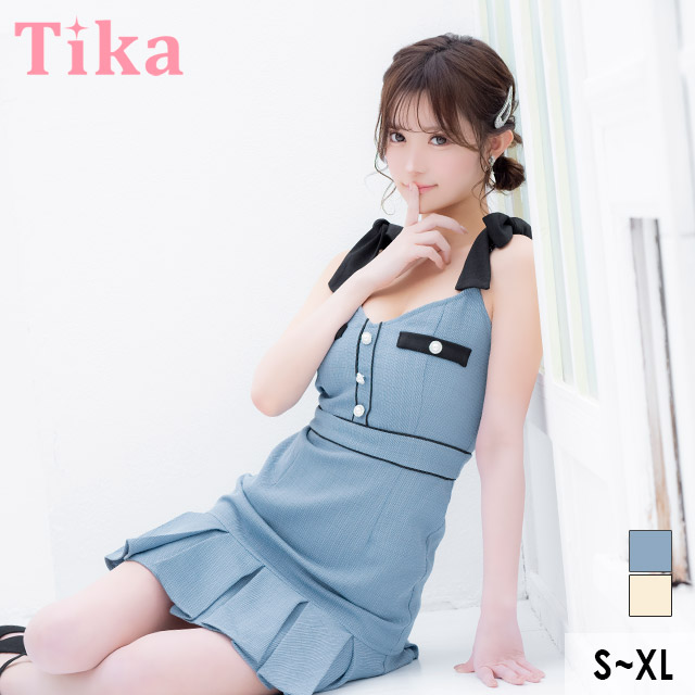 【即日発送】キャバ ドレス タイト ミニ ノースリーブ 裾 プリーツ ショルダーリボン チェーン ボタン S～XLサイズ 大きいサイズ セクシー キャバドレス キャバ嬢 キャバクラ ラウンジ スナック