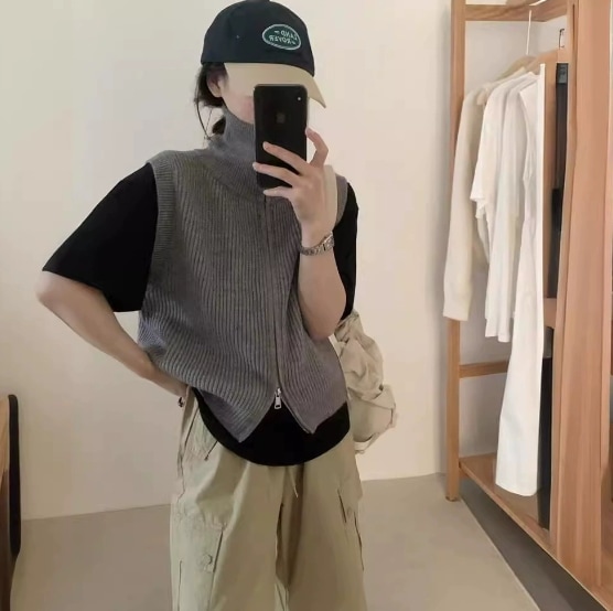 無地スタンドカラーシンプルなダブルジッパーデザインゆったりレイヤードトップスレディースベーシックニットベスト351