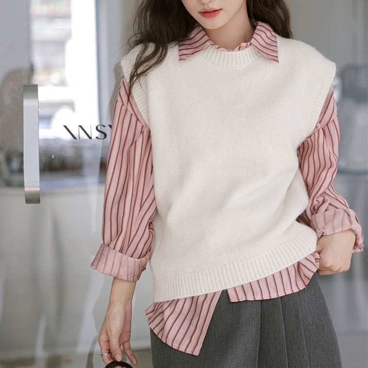 トップス レディース 3色 シャツ アンサンブル ベスト 韓国 長袖 かわいい 大人可愛い シンプル カジュアル フェミニン お洒落 おとな こなれ感 個性的 レトロ 抜け感 ストライプ オフィス