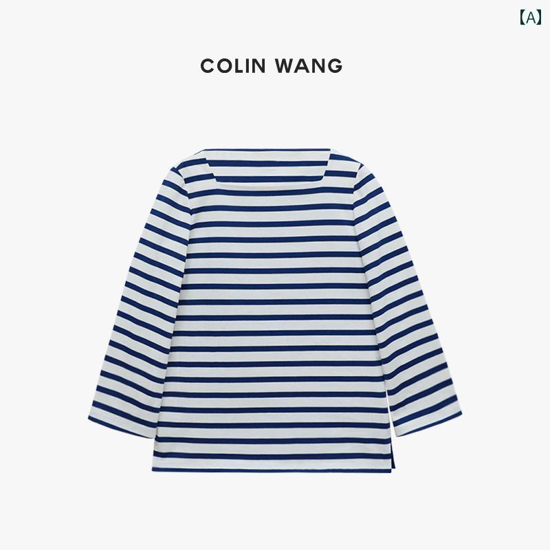 レディース トップス カジュアル おしゃれ レトロ 米国 コットン ネイビー ストライプ スクエアネック Tシャツ スリム 爽やかに