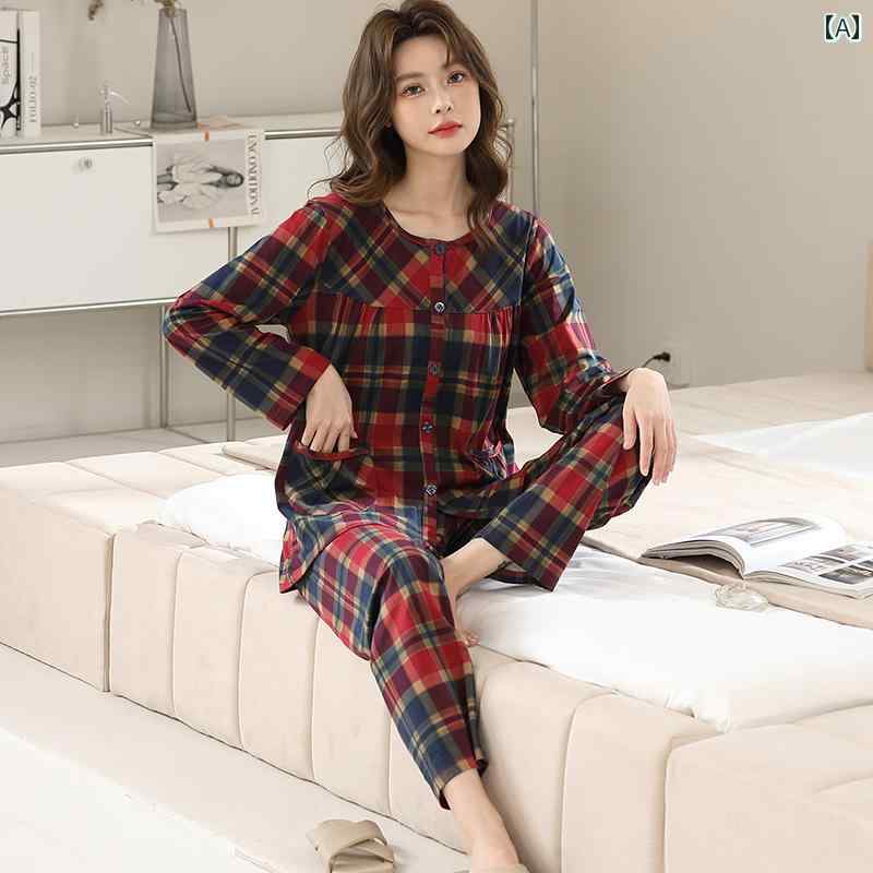 ママ　パジャマ　レディース パジャマ レディース 春秋 スタイル 綿 長袖 チェック 柄 カーディガン 2025秋 母の 日 家 着 スーツ 5,345円
