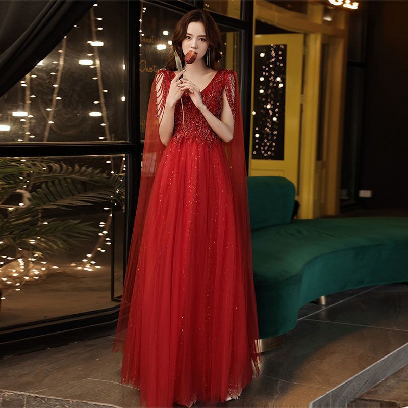 【2枚購入で 3oo円OFF】赤いドレス花嫁ドレス2025婚約女性の気質ドレスバンケットファッションドレス