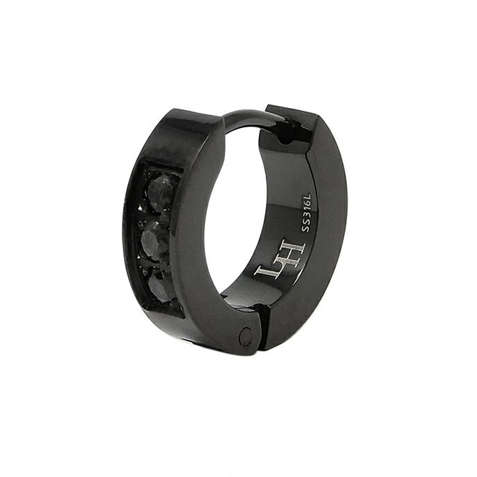 LH-1 フープピアス 3ストーン サージカルステンレス(ブラック) LHMP004N LION HEART 石 1点売り 片耳用 リング シンプル メンズピアス ブランド プ