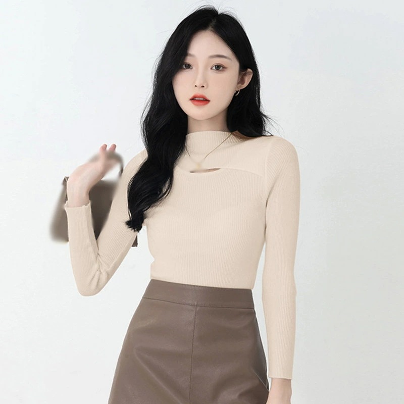 ハイネック ニット レディース リブニット トップス 長袖 タイト リブ セーター 薄手 インナー セクシー 胸開き おしゃれ ニットセーター ストレッチ 伸縮性 肌に優しい オフィス カジュアル 大
