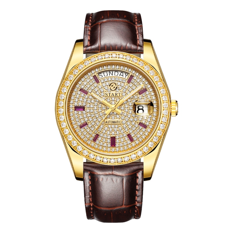 満天星の腕時計スイス全自動機械式ムーブメントダイヤモンドダイヤルレザーウォッチ防水日付曜日機能