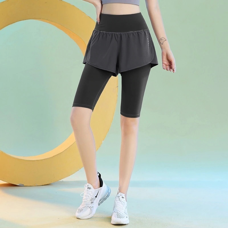 ヨガパンツハイウエストフィットネスヨガレジャーパンツファイブパンツ偽2ピース滑り止めスポーツショーツ 4,670円