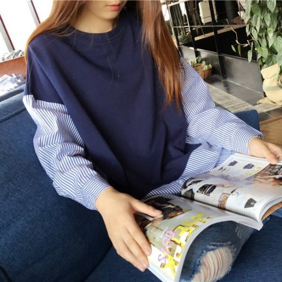 シャツ レディース ブラウス ドッキングプルオーバー 異素材MIX ストライプ カットソー コットンシャツ ドッキングシャツ ネイビー かわいい カジュアル パッチワーク ストライプシャツ おしゃれ