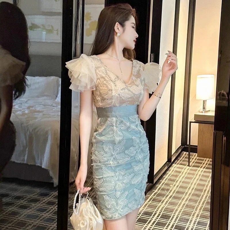 卒業式 タイト 大人 キャバ 発表会 ロングスカート上品 演奏会 同窓会 結婚式 キラキラ 二次会 ショートワンピース ウェディング Ｖネック 着痩せ 披露宴 パーティードレス