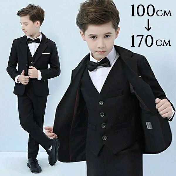 キッズスーツ キッズ 子供スーツ ボーイ 男の子 ブラック 長袖 無地 6点セット ジャケット ベスト フォーマル 蝶ネクタイ シャツ付き 卒業式 入学式 キッズフォーマル ピアノ 発表会 結婚式 合