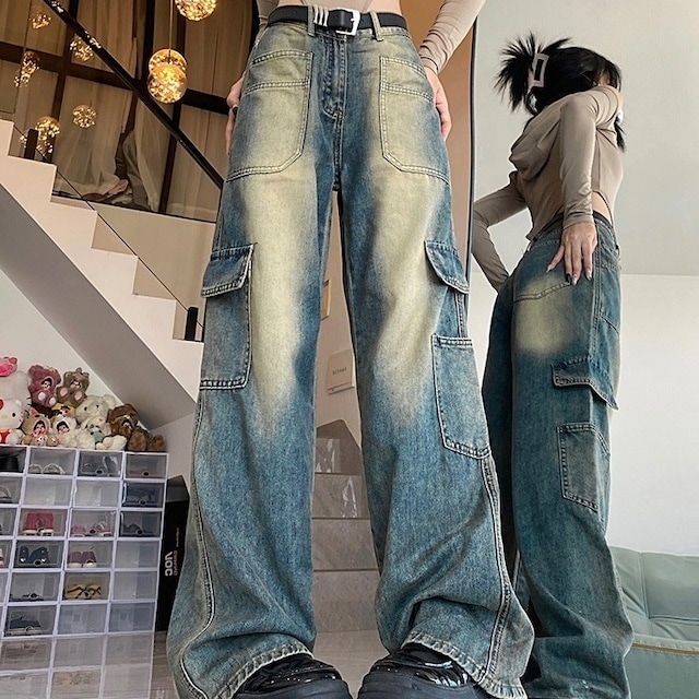 2024春夏パンツ デニム ジーンズ ワイド ストレート ハイウエスト 脚長効果 美脚効果 細見え ウォッシュ ポケット 春 カジュアル 韓国ファッション レディース お出かけ