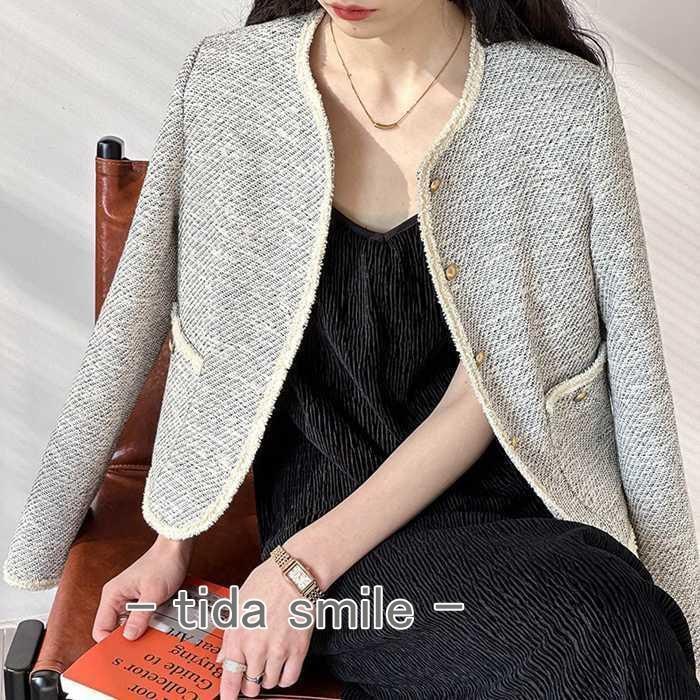 ジャケット レディース ツイード コート 羽織り アウター ノーカラー きれいめ ツイードジャケット ノーカラージャケット