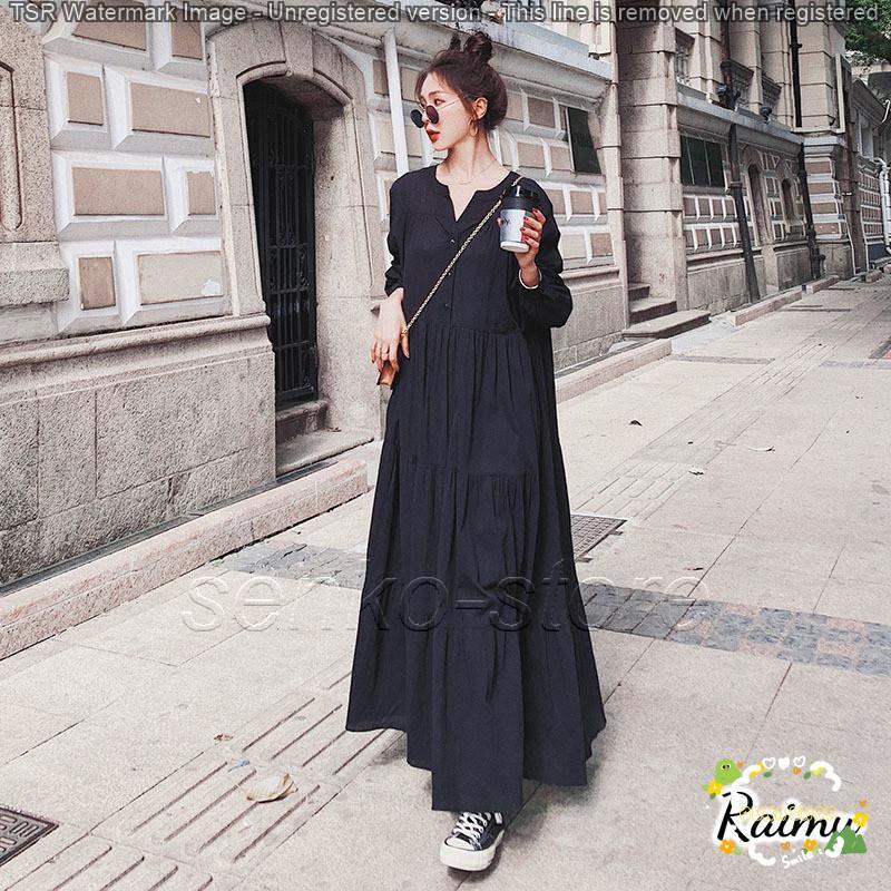 ワンピース レディース マキシ丈ワンピース 長袖 おしゃれ きれいめ 黒ワンピ vネック 揺れる 可愛い 上品 きれいめ 着痩せ 春夏秋 冬 ティアード