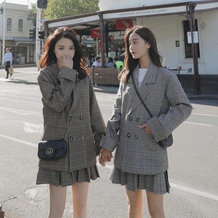 販促-[9月新品]セットアップ 韓国ファッション 運動セット涼しく楽ちんセットファッションレディーススーツ上下二点セットアップ入学式チェックスカートミニジャケット長袖トップス服アウタープレゼント 福袋