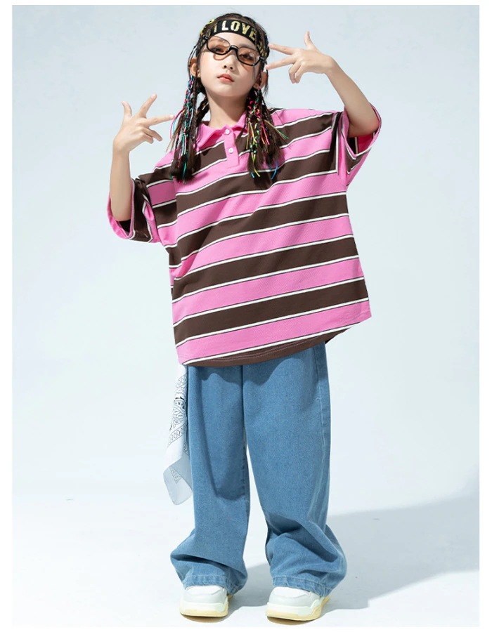 ダンス衣装 セットアップ 男の子 女の子 ドラムショー 公演服 hiphop K-pop 舞台 団体服 演出服 キッズ 長袖 ストライプ柄 Tシャツ デニムパンツ ブルー ジーンズ パンツ 子供ダンス