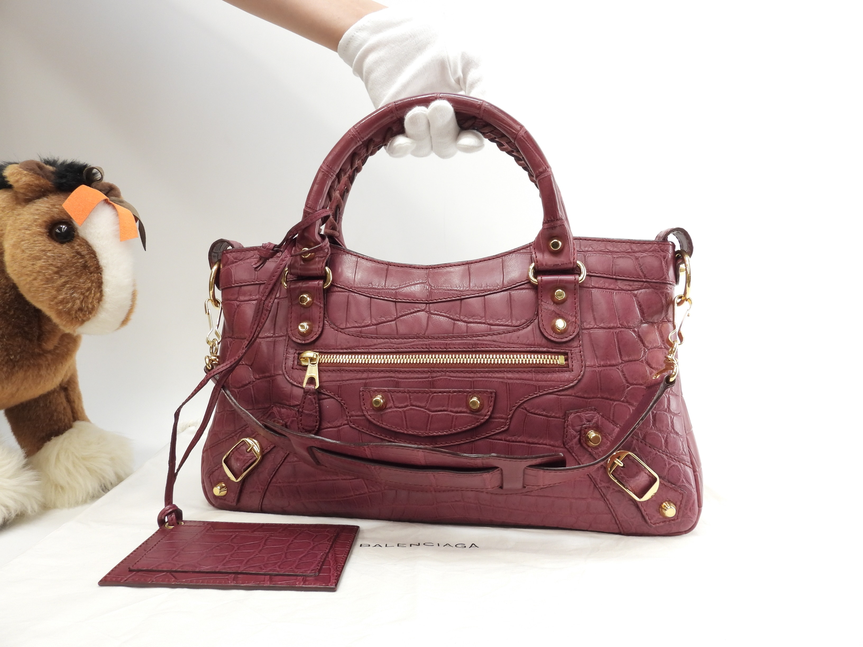 ザファースト クロコダイルレザー ワインレッド s付ハンドバッグ 極美品@ 1