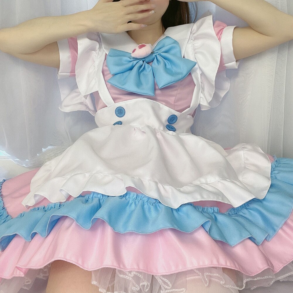 S-5XL 大きいサイズ メイド服 激かわビッグボウ ロリータ レディース ビッグ ピンク ブルー キュート スカート