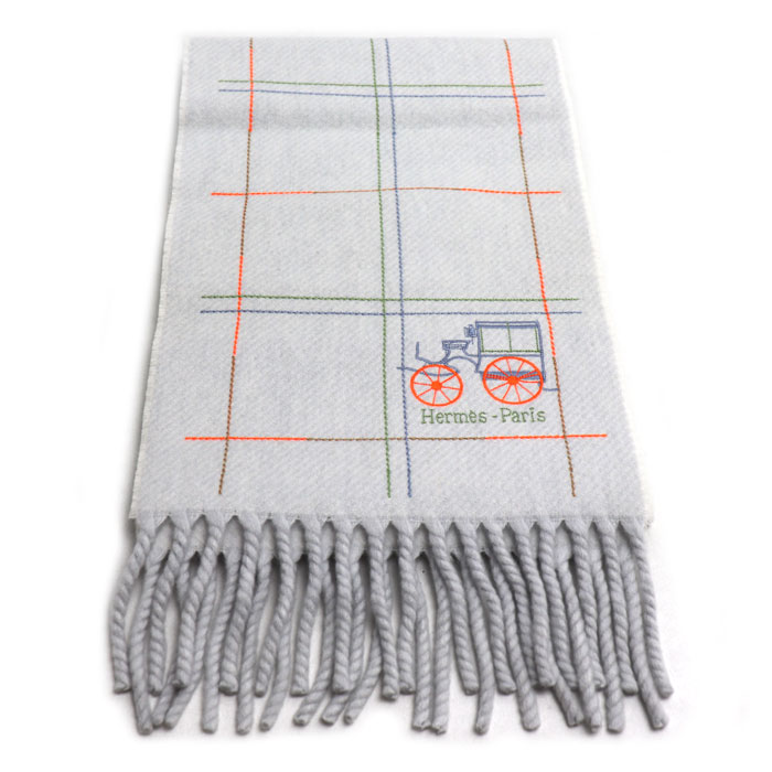 HERMES エルメス グラン・ブロデ・ベルリンヌ マフラー グレー グリ・デュ・ノール H259149S 01 レディース 中古 美品