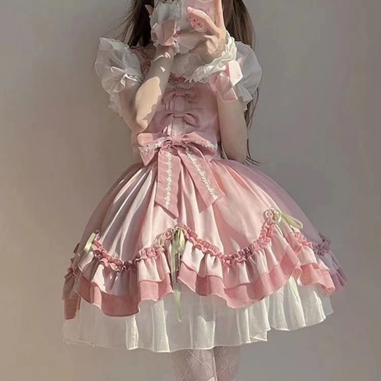 ロリータ蝶ピンク可愛いロリータワンピース優しい洋装日系ロリータ優しい女の子お嬢様プリンセスloloスカートメイド服
