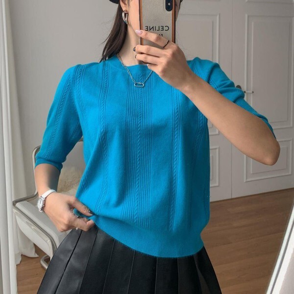 レディース キャッシュニット パターン 8分丈 半袖ニット 秋 ソフトニット