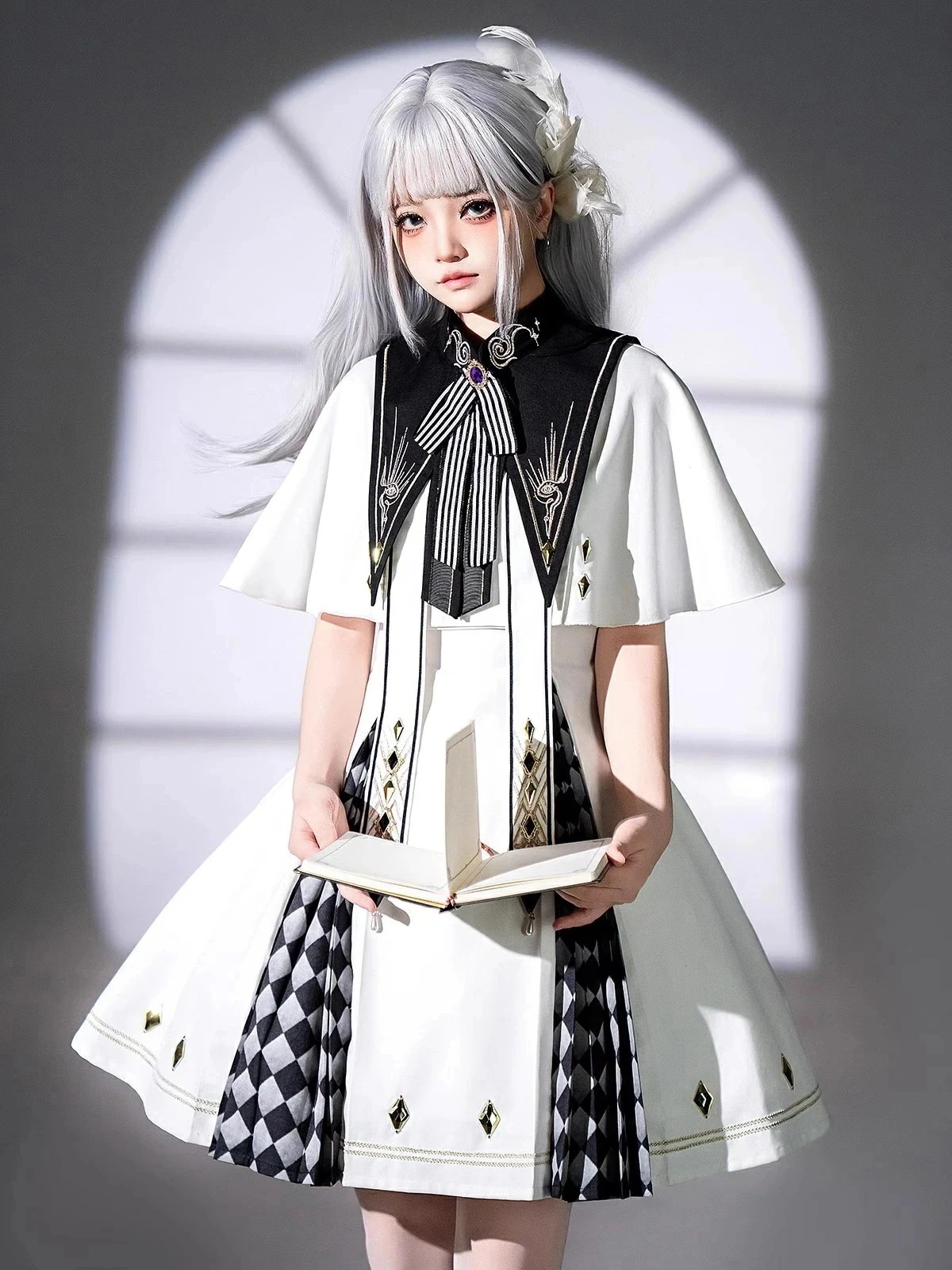 「新品販売」「即納」ロリータ ワンピース 3点セット ノースリーブ チェック柄 ショール付き 聖女 騎士 つけ襟 純潔 ジャンパースカート ゴシック 暗黒 膝丈 可愛い エレガント 写真撮り ハロウィ