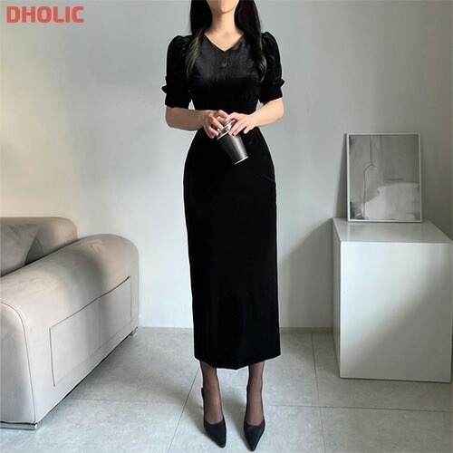 [メガ割りSALE]Vネックパフ半袖ベロアIラインワンピース