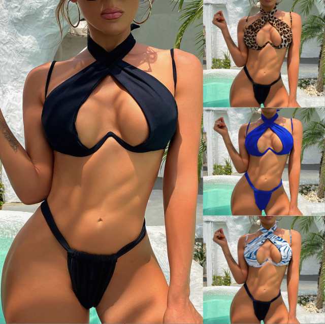 ブラジリアン ビキニ マイクロビキニ レディース かっこいい 個性的 カットオフ ふんどし風 黒 青 無地 ヒョウ柄 レオパー