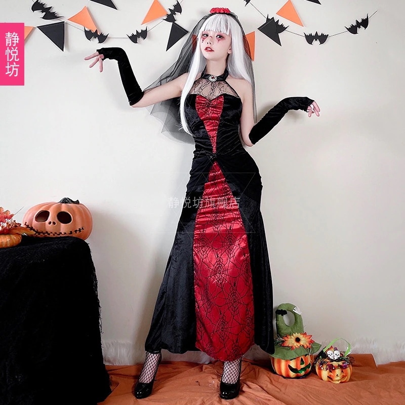 ハロウィンセクシークイーンコスチュームゴーストブライド大人用コスプレ衣装ヴァンパイアゾンビロングドレスマスカレード