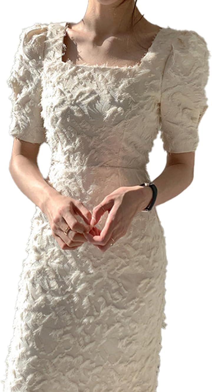 タイトドレス スクエアネック レディース ワンピース フェザードレス パフスリーブワンピース 結婚式 キャバ嬢(ホワイト, L)