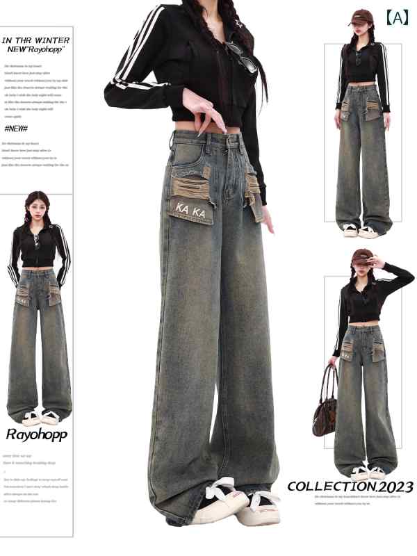 デニムパンツ レディース ダメージ ジーンズ クラッシュ ボトムス レトロ ワイド 秋冬 ハイウエスト 韓国 ストレート ロゴ 大きめサイズ ブルー