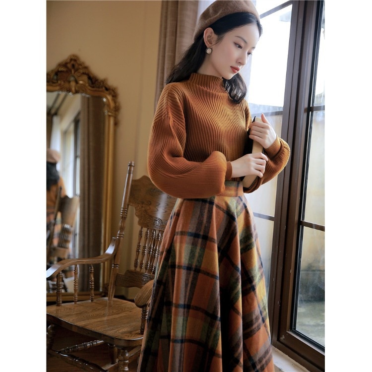 秋 冬 レトロワンピース レディースセットアップ レトロ レディース スカート セーター ニット