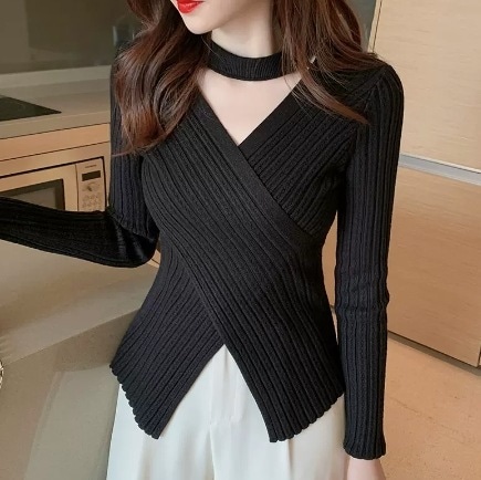 トップス モテアイテム ニットソー セーター 長袖 Vネック カシュクール スリム タイト 細身 スマート ニット 薄手 きれいめ シンプル 上品 おしゃれ お洒落 レトロ 女子 セクシー