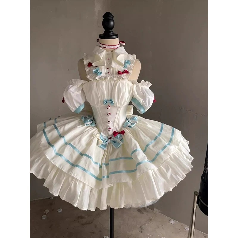 ロリータスイートガーリーリボンフリルオフショルダードレスウエスト付きおしゃれで丈夫なスカート
