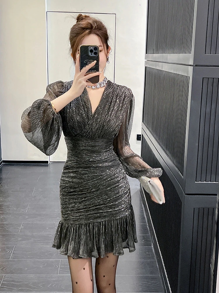 2024春 マーメイド シワ ショートワンピース Vネック パーティードレス 着痩せ 大人 お呼ばれ 同窓会 披露宴 卒業式 結婚式 ウェディング 二次会 成人式