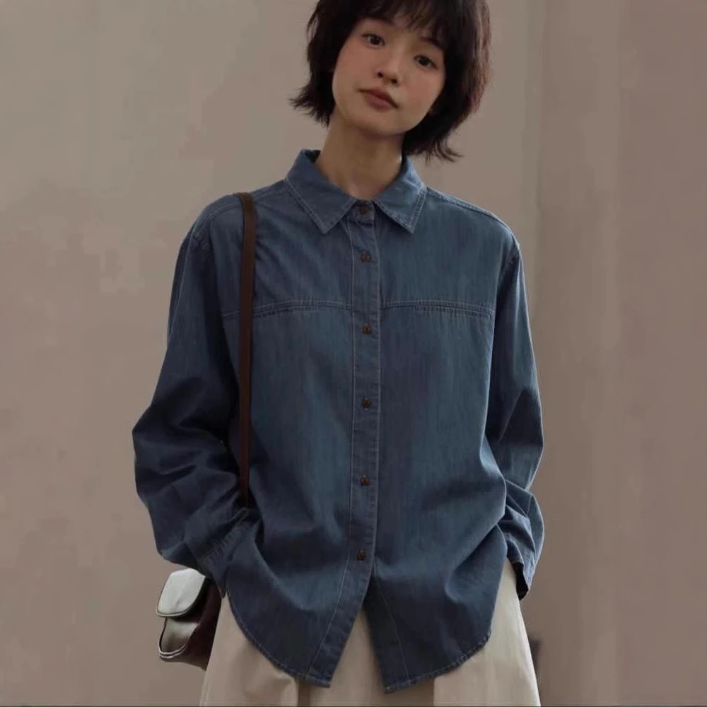 レディース向け和風レトロデニムシャツ春秋にピッタリ着痩せ効果抜群重ね着にもお洒落なデニムジャケット