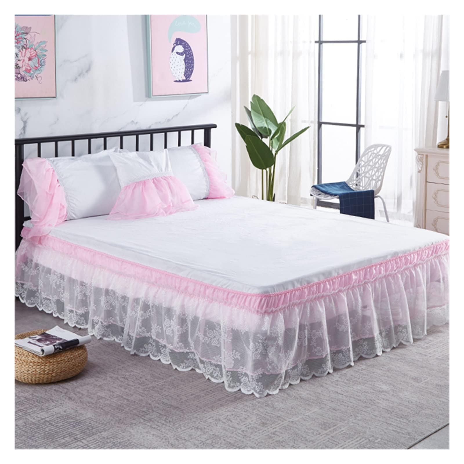 SMEJS 2つのレイヤーレースベッドスカートスカートスカートのサイズのベッドの装飾なしでベッドカバーの周りの弾性ラップ(200*220*40cm code)