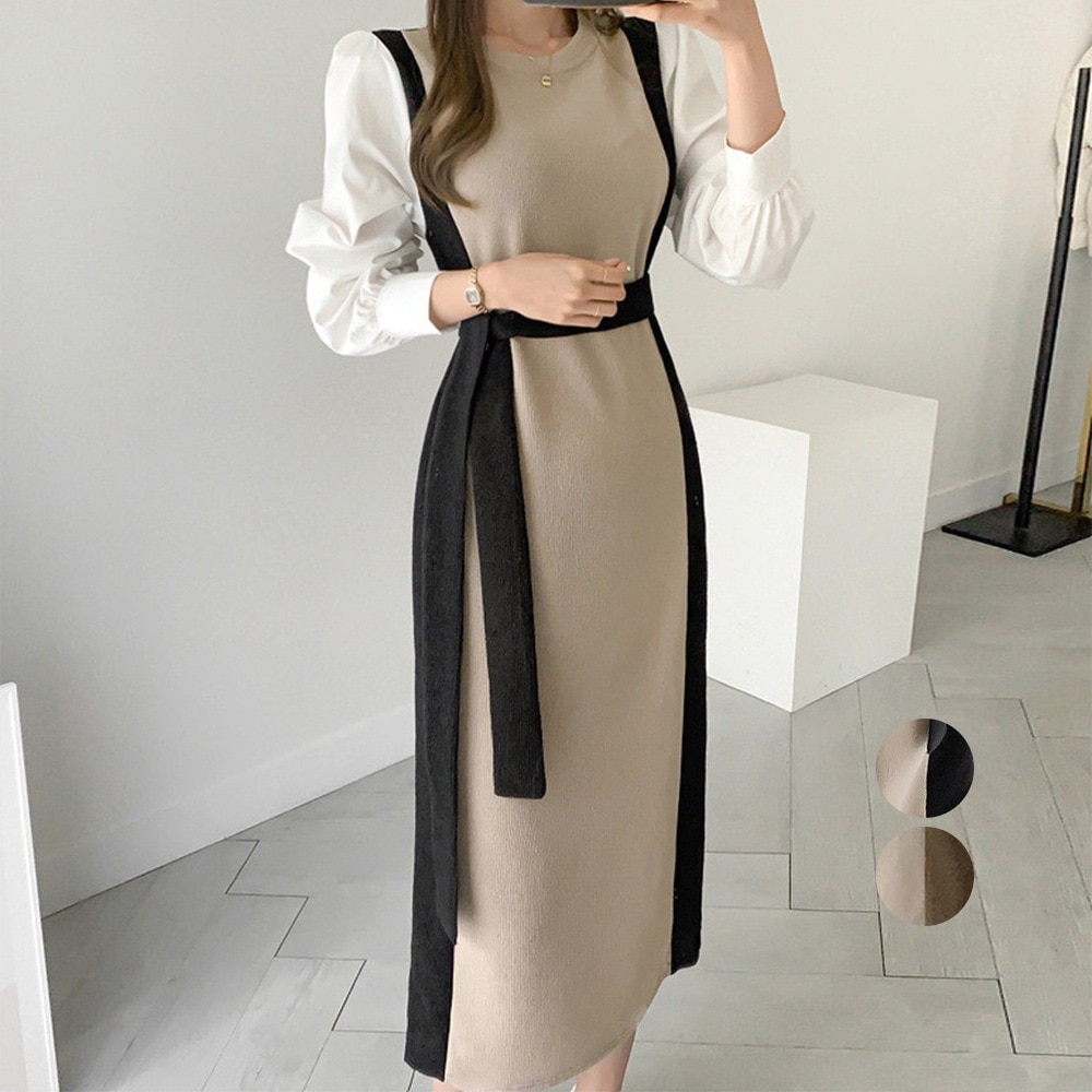 国内即納 袖切り替え ニットワンピース ロング配色