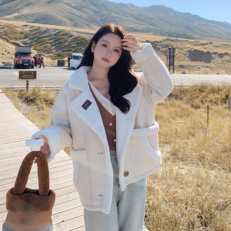 米白色シンプル気質毛皮一体羊小毛コート女性冬2023新型厚手ベルベット上着 7,899円