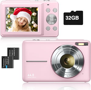 デジタルカメラ デジカメ コンパクト HDカメラ 1080P 4400万画素 手ブレ補正 軽量 携帯便利 2.4インチIPS画面 32gメモリーカード付属 ピンク AKM-236