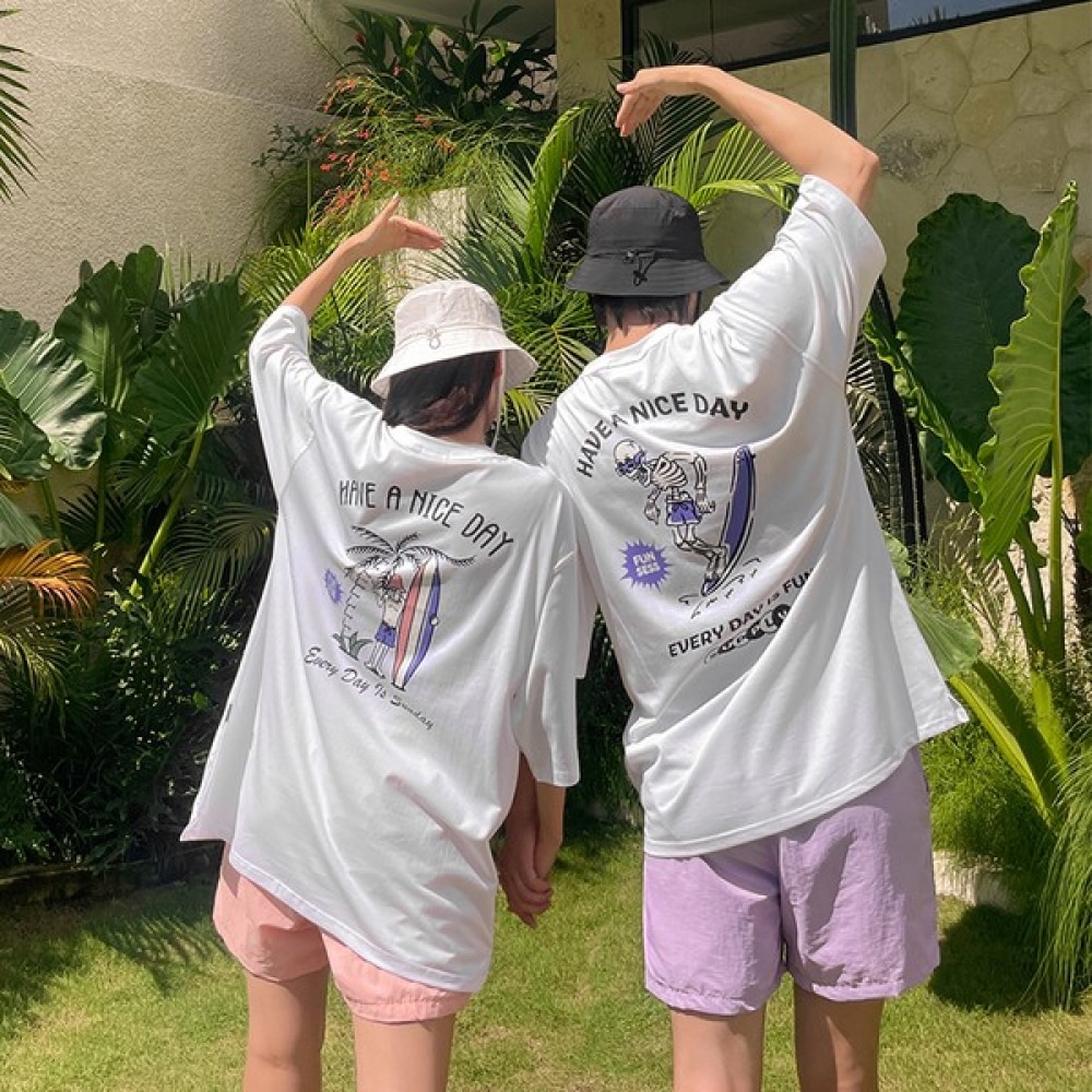 (Vivarup) サーフィン半袖Tシャツハネムーンカップルルック TS20168F ユニセックスサマーホワイトルーズフィットボックスコットンラウンドTシャツバケーションリゾートデイリールック